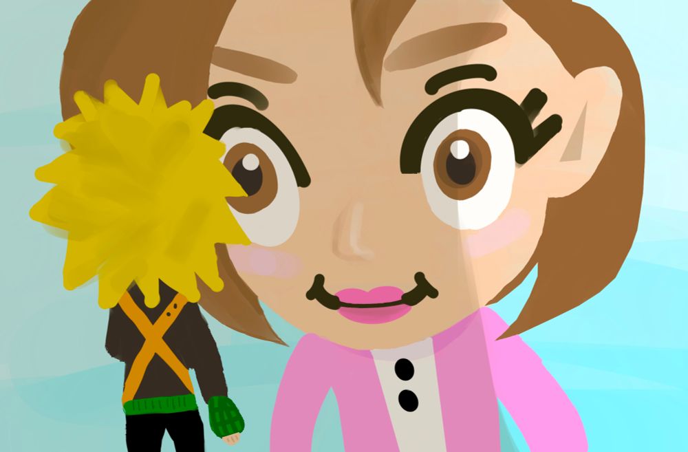 Kacchako following the new tomodachi life and. Giant ochako looking at small katsuki with a smile