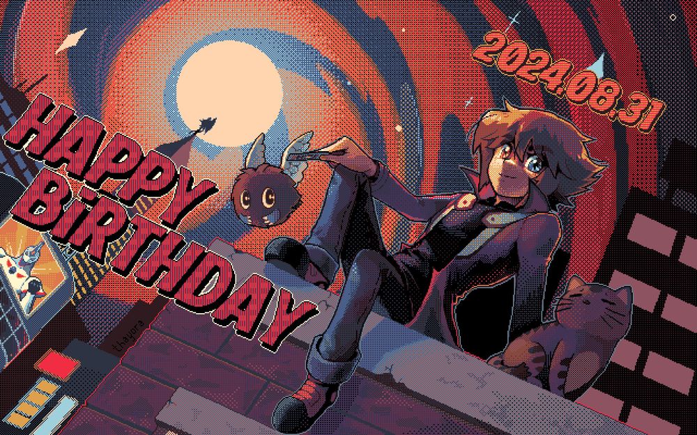 PC-98 styled fan art of Yuki Judai sitting on the edge of a building next to Winged Kuriboh and his cat