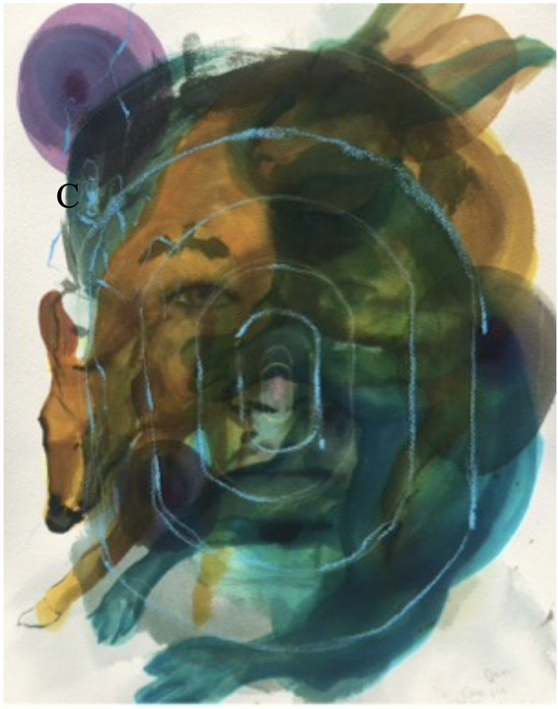 Abstract work of art that shows a face obscured by splashes of blue, yellow, dark green, and purple. There is a teal colored swirl over the top the face and the other colors.