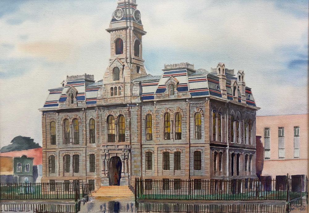 A detailed watercolor painting featuring Oswego City Hall from 1981 against a light blue sky.