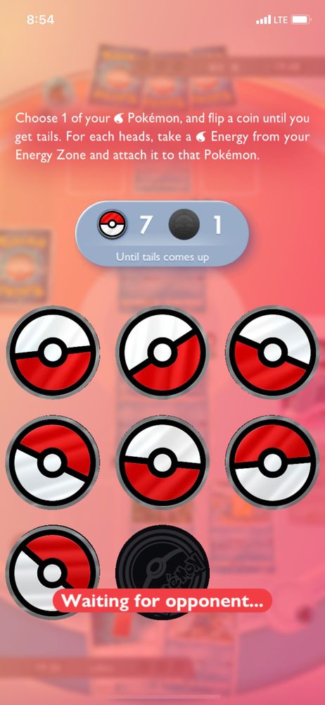 Pokémon TCG pocket screenshot where a significant amount of a resource is generated via consecutive coin tosses. Depicted is someone flipping a coin and landing on heads 7 times in a row, losing me the game by shear power of an attack that could be made with it.