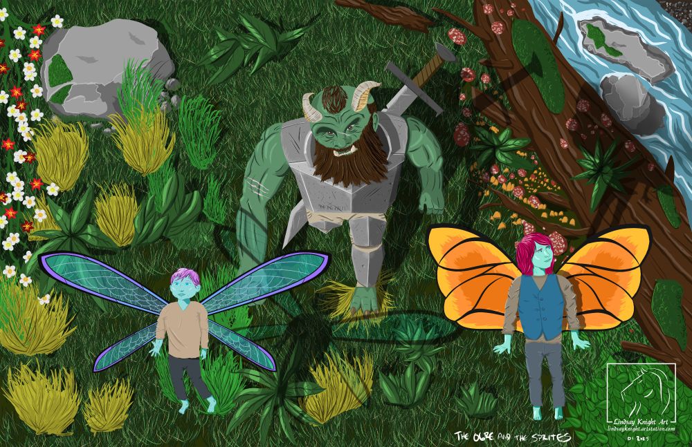 Digital painting of an ogre and two forest sprites in a meadow