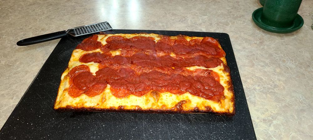 Homemade Detroit style pizza.