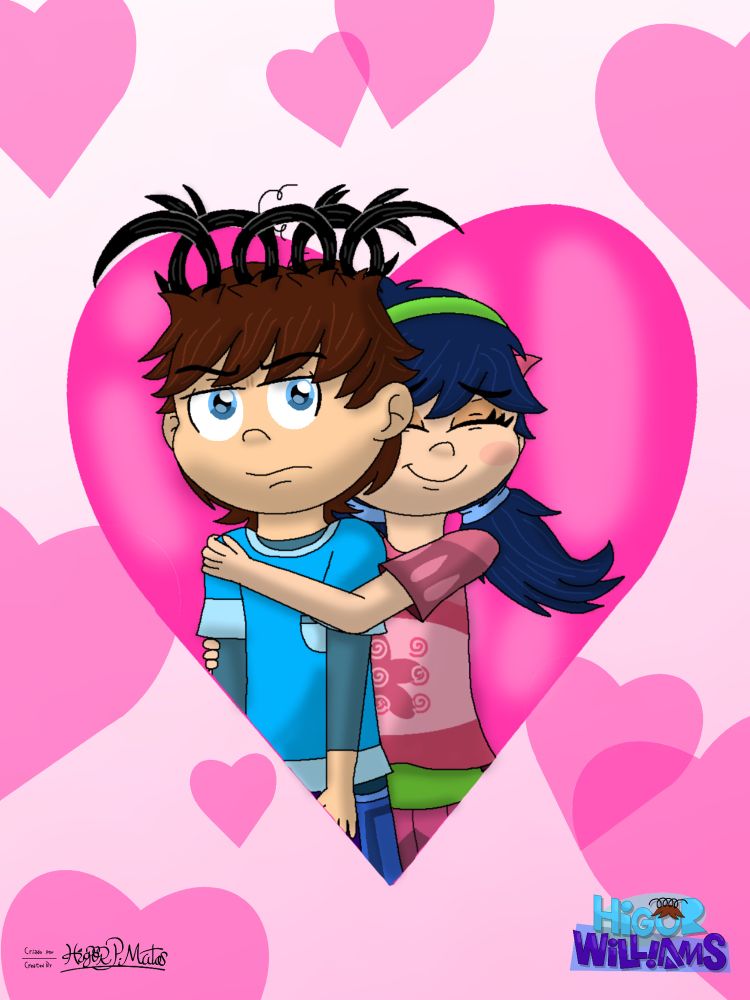 Higor Williams being hugged by Amanda McDockson in a big heart on a white-pink gradient background with floating hearts.