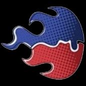 The UK Gov Camp logo looks like a fireball. The top is coloured red and the bottom is red. In the middle is a wavey white line, that looks like an outline of the river Thames.