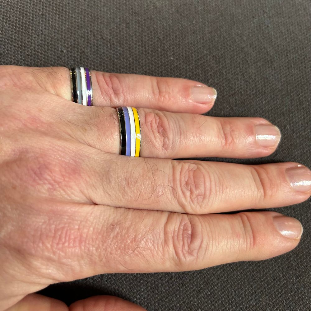 Eine linke Hand auf einem grauen Stoffhintergrund. Im quadratischen Ausschnitt sind vier Finger und ein kleiner Teil des Daumens zu sehen. Am kleinen Finger steckt ein Ring in ACE-Farben und am Ringfinger steckt ein Ring in den nicht-binären Farben.