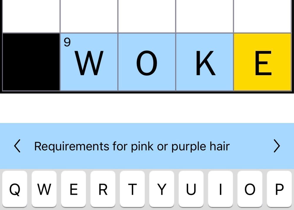 NYT crossword: 
Requirements for pink or purple hair

WOKE