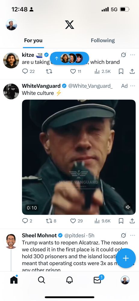 Promoted post at the top of my feed from “White Vanguard” of a video of a Nazi from a Tarantino film, with the caption “White culture ⚡️”