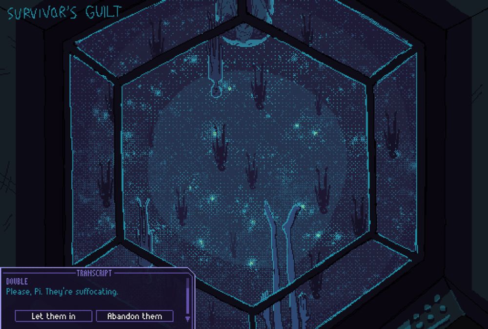 a window into space. out in the starlit darkness are floating humanoid bodies, all upside down and facing the viewer inside. a transcript box in the lower left hand corner displays double's dialogue. "please pi, they're suffocating". below the text are two options, "let them in", or "abandon them". the drawing is titled "survivor's guilt".