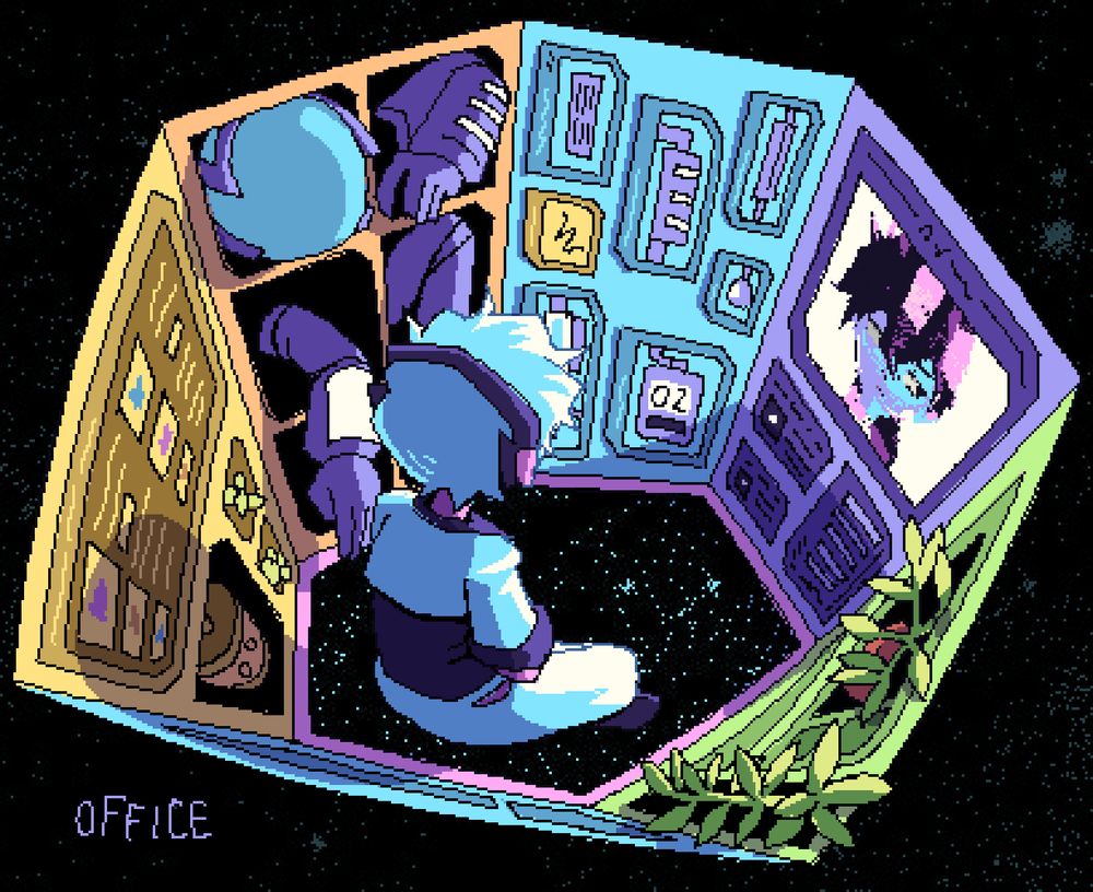 double sits cross-legged in a tiny hexagonal room surrounded by random space ship systems, including a 3d fabricator, spacesuit storage, air revitalization system, communications system and the grow station. on the communications screen is the face of pi's 3d model.