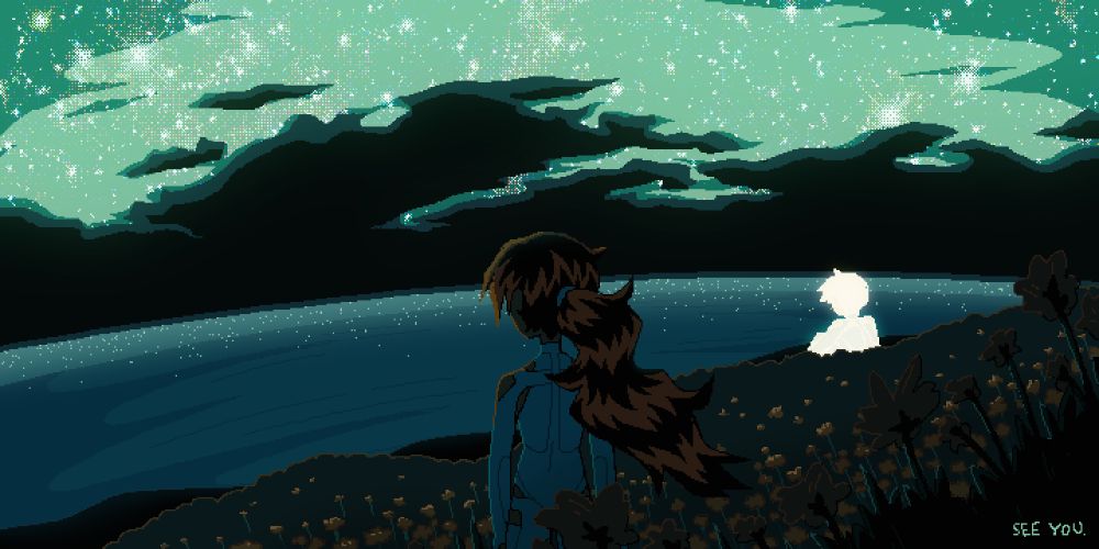a character with a long ponytail looks over a sea from a hill covered in dandelions and wildflowers. over the sea are dark clouds which break into a bright starry sky. a white silhouette of a figure sits further down the hill. the drawing is titled "see you".
