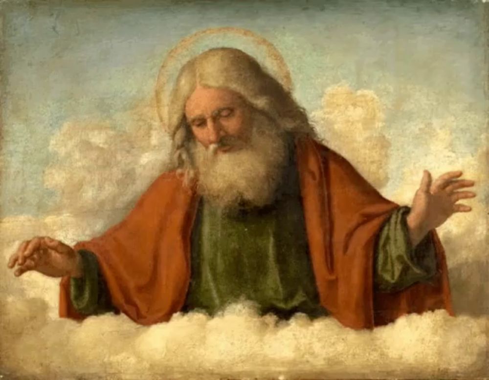 a painting of a man with a beard in a cloudy sky