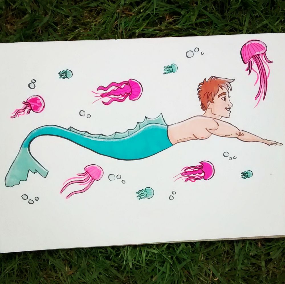 A traditional illustration of a merman with pale skin, brown hair and a turquoise tail, swimming horizontally to the right surrounded by pink and turquoise jellyfish 