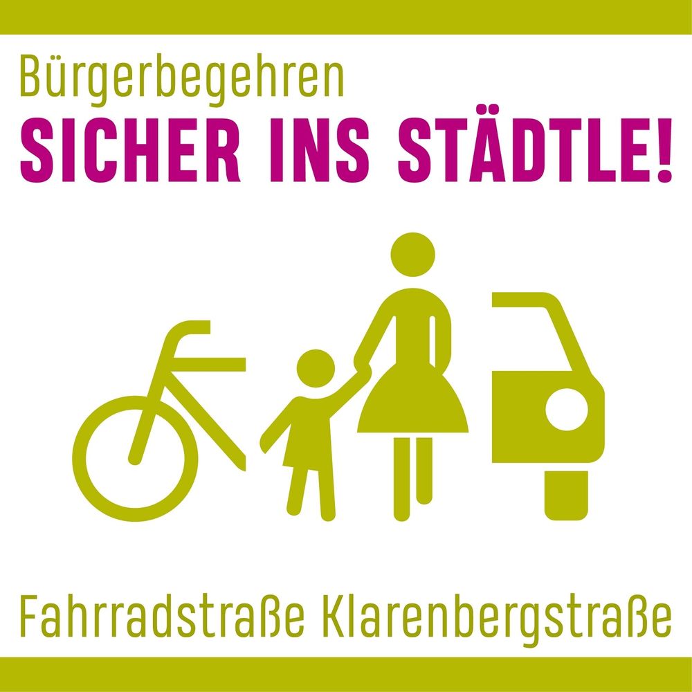 Eine Zeichnung von Fahrrad, Menschen, Auto unter einer Überschrift