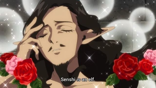 Senshi de Dungeon Meshi em sua forma de elfo de orelhas pontudas e longas. Está cercado por bolhas, brilho e rosas. Sua expressão de bonita que sofre. Exibe longos cabelos pretos lustrosos, dois tufos de bigode e uma barbicha como se fosse um monarca sueco do século XVII.