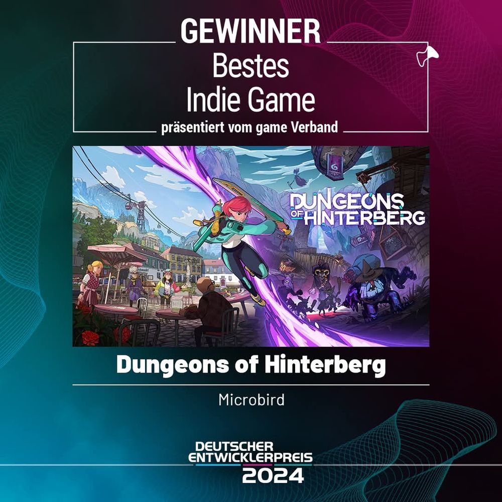 A picture in German showing Dungeons of Hinterberg as the winner of Best Indie Game at the Deutscher Entwicklerpreis 