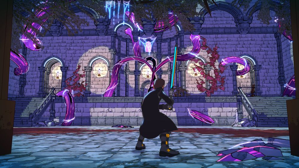 A character stands in a magical chamber, sword drawn...