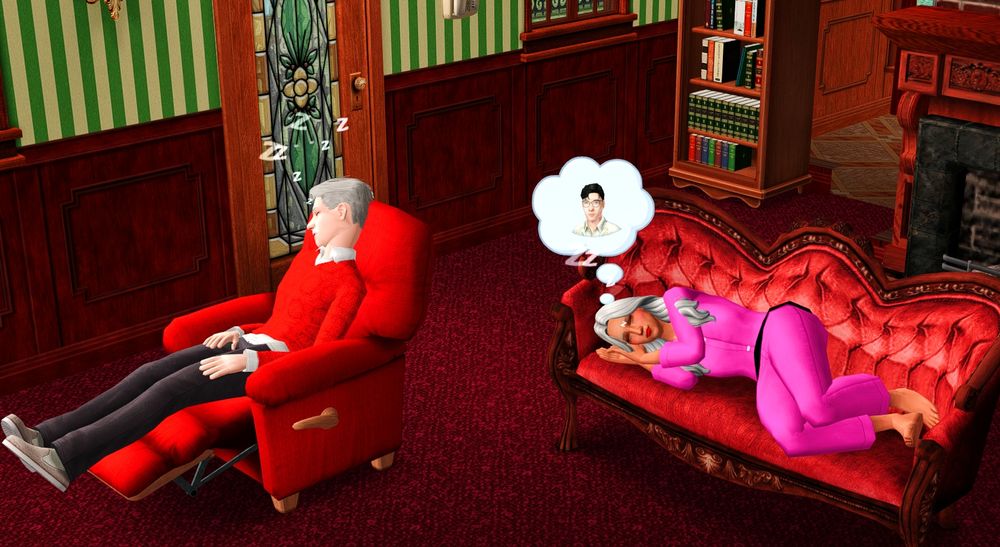 a photo of mortimer and bella goth (both elders) napping in the living room of the goth mansion