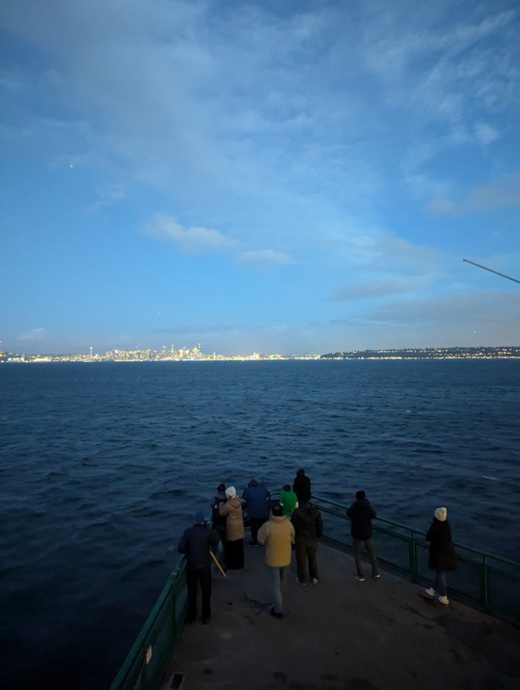 A small crowd on a ferry in the dark looking out at distant city lights on the horizon.