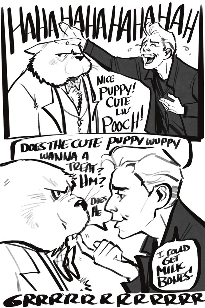 Crowley laughs hysterically at him and scratches his chin.