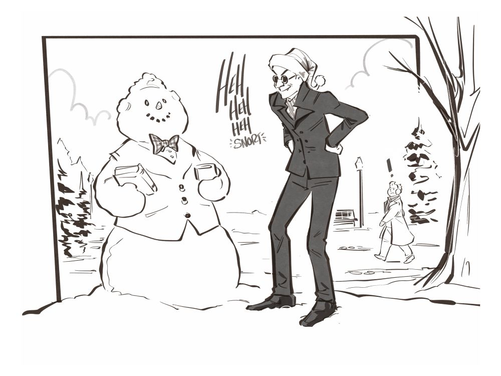 Crowley laughing at the funny angel snowman he made