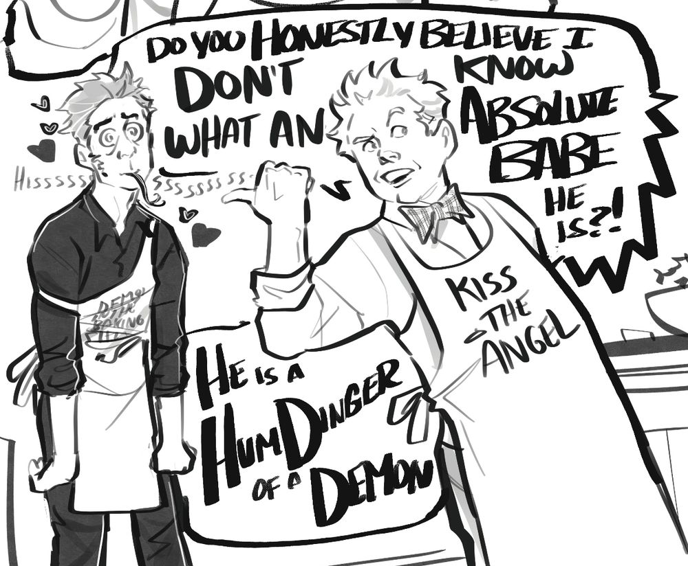 An angel pointing to his demon and saying he’s a babe and a Humdinger of a demon. Meanwhile the demon derps out.