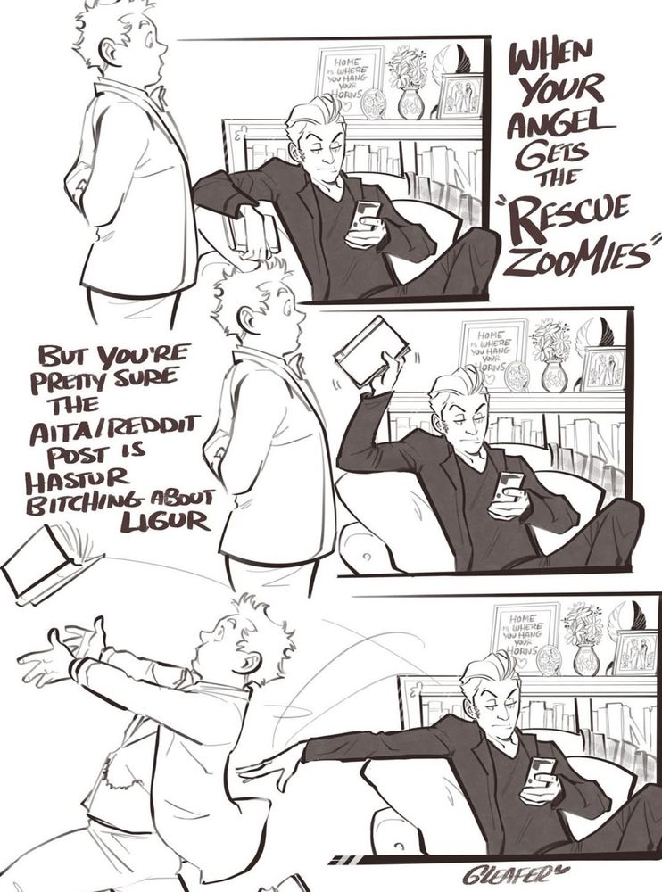  Crowley throwing a book for Angel to rescue because eh has the Rescue Zoomies!