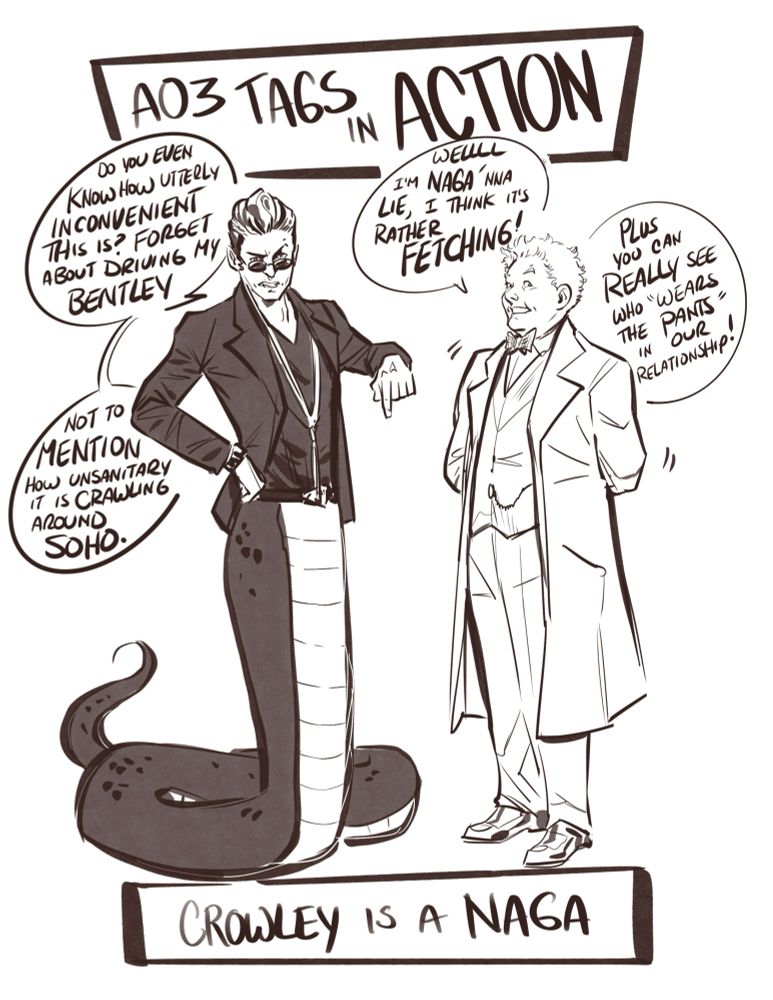 My very first AO3 in ACTION art.
Naga Crowley and cheeky Aziraphale.