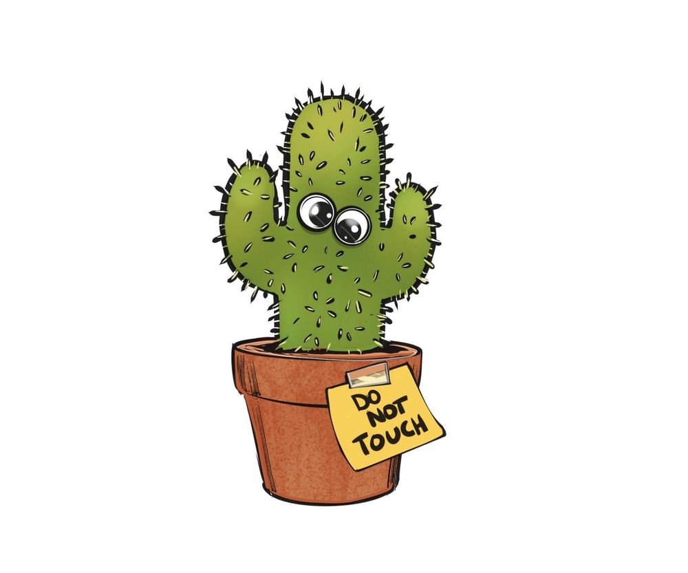 A cactus with GOOGILY eyes and a “do not touch” post it on the pot.