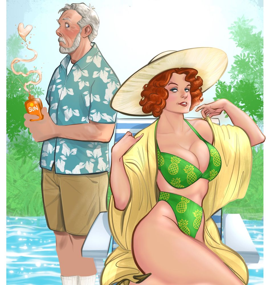 Color poster WIP of Madame Tracy and Sergeant Shadwell being all beachy on their honeymoon.
Madame dons a pineapple bikini
And Shadwell squeezed the suntan lotion to death because of it.