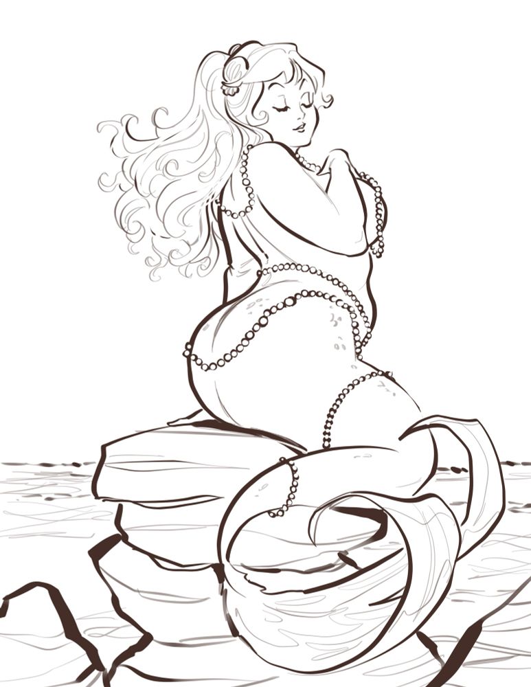 Curvy mermaid covered in pearls on a rock by the ocean.
