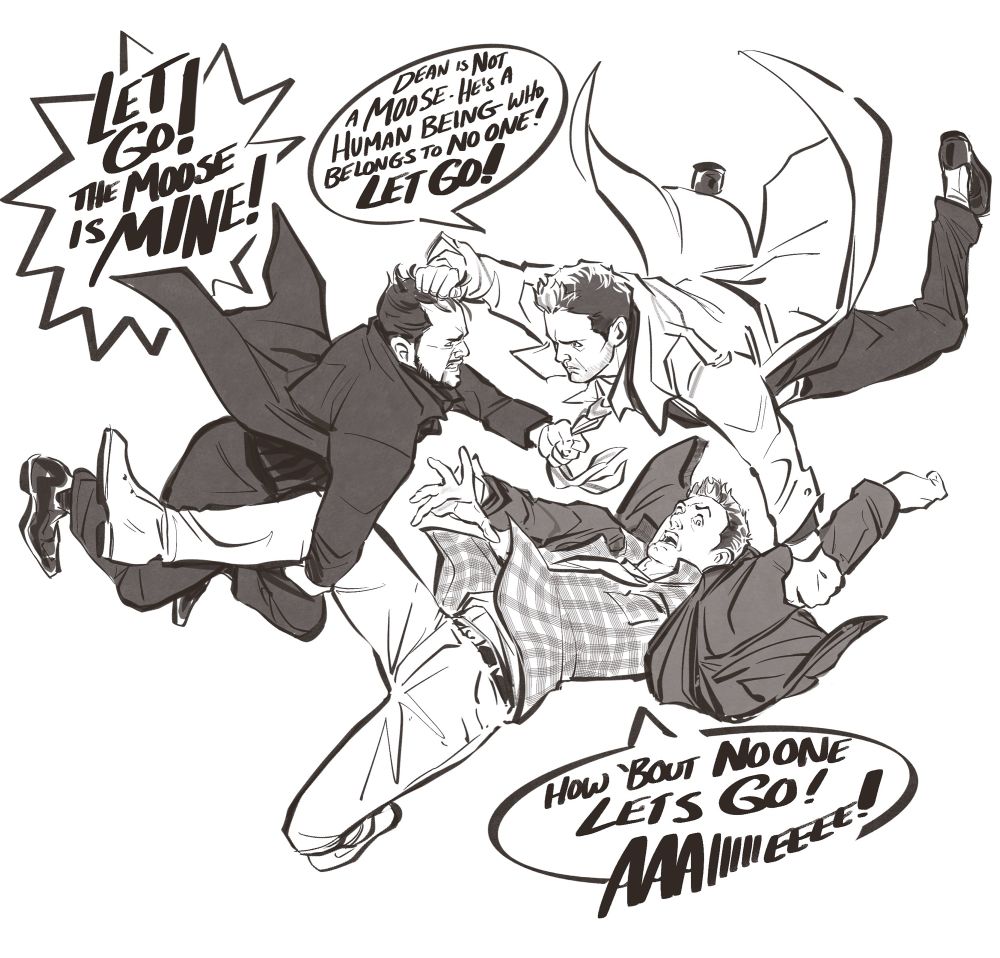 Crowley and Castiel fighting over Dean as they fall through the air.