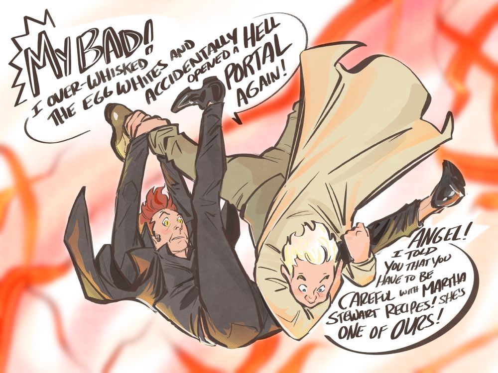 Aziraphale and Crowley falling through flames because the angel over whisker the egg whites and accidentally opened a hell portal!