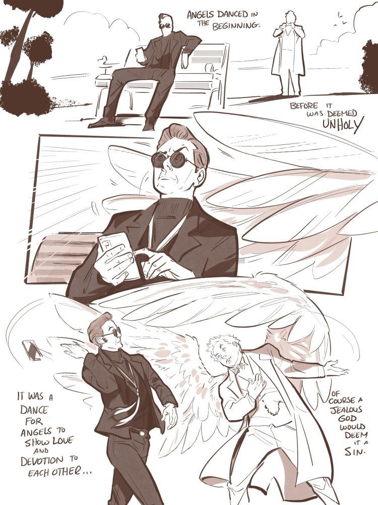 Crowley is enjoying a relaxing day on the bench, scrolling on his phone. Suddenly his shoulders are gently tapped by wings.
Yeeting his phone he is entranced by a dapper winged aziraphale.