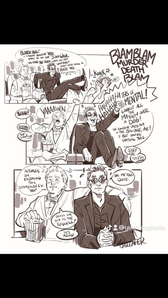 Crowley and Azi sit in a theatre and the demon instantly gets obnoxiously giddy. Loudly talking and laughing until Azi pulls the ol’ yawn n’ hug immediately shutting off Crowley’s brain. Very The Fonz. Very human.