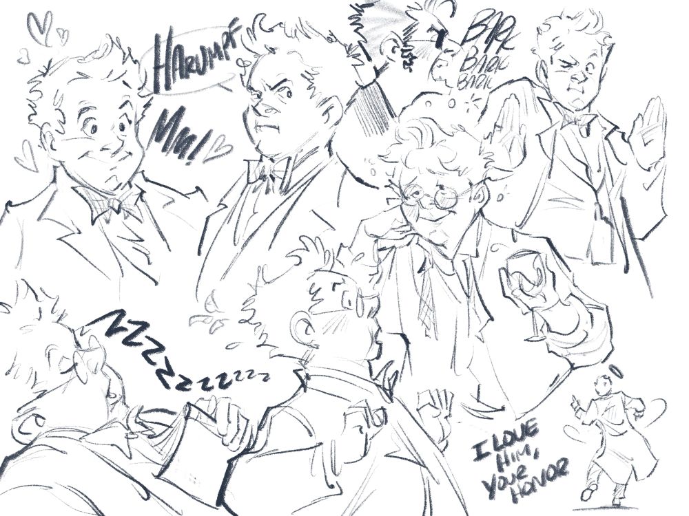 Pencil sketches of Aziraphale expressions.