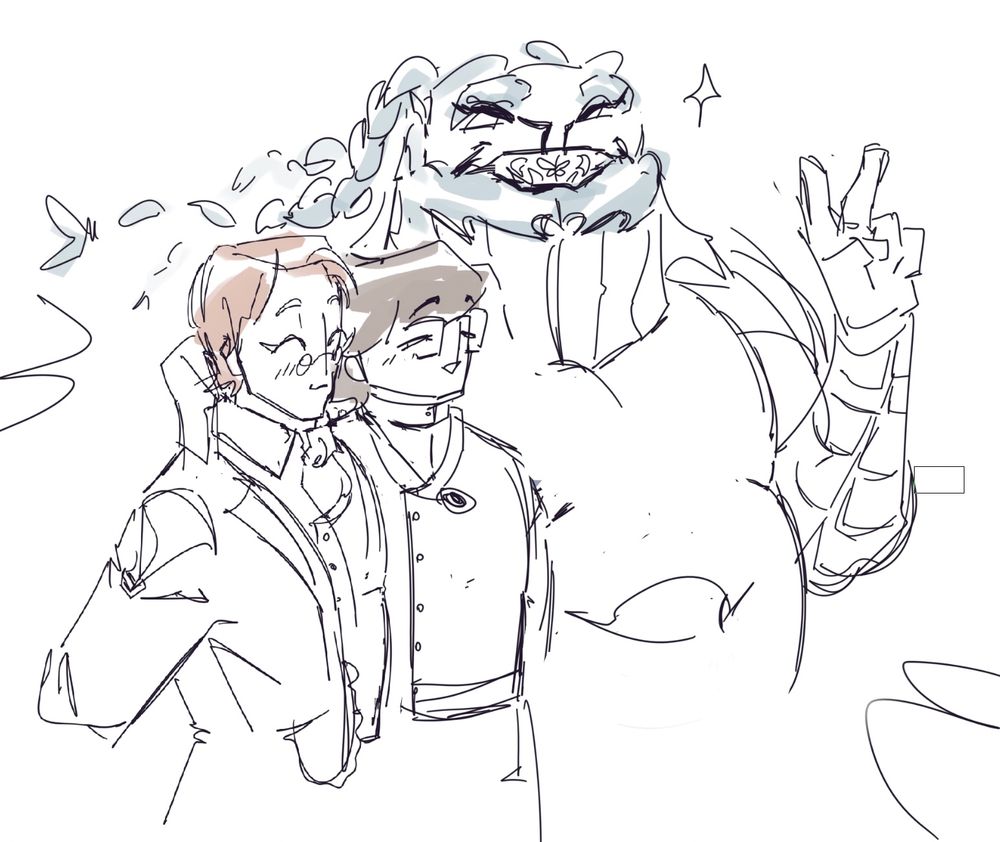 A doodle of Nyelv, Suga and Dente standing next to each other and smiling. Dente's holding up a peace sign.