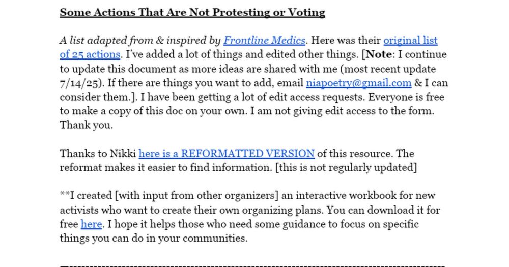 Some Actions That Are Not Protesting or Voting  A list adapted from & inspired by Frontline Medics. Here was their original list of 25 actions. I’ve added a lot of things and edited other things. [Not...