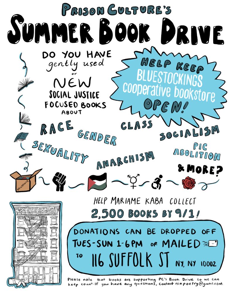Illustrated flyer for a Summer Book Drive asking for gently used social justice books on topics like race, gender, class, and more. Donations accepted at 116 Suffolk St, NY, Tues-Sun 1-6pm, by 9/1.
