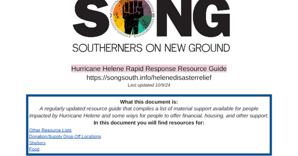 SONG Hurricane Helene Mutual Aid + Rapid Response Resource Guide