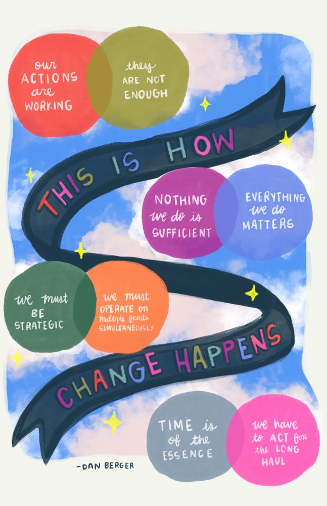 A colorful illustration with speech bubbles containing motivational phrases about change. A black ribbon reads "THIS IS HOW CHANGE HAPPENS" amid a blue sky with clouds and stars. Quote attributed to Dan Berger.