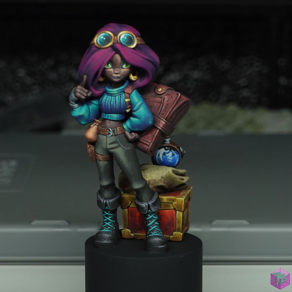 A purple haired adventurer girl.