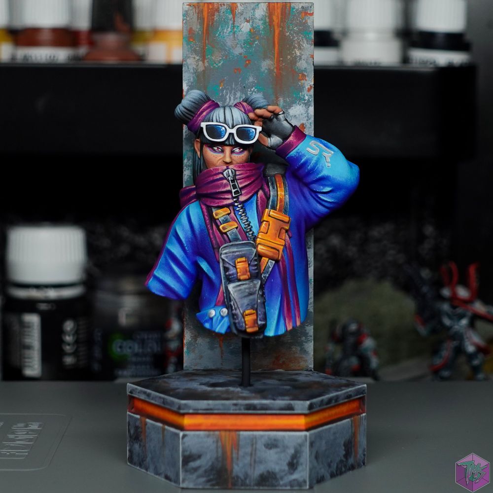 A cyberpunk girl on a display plinth