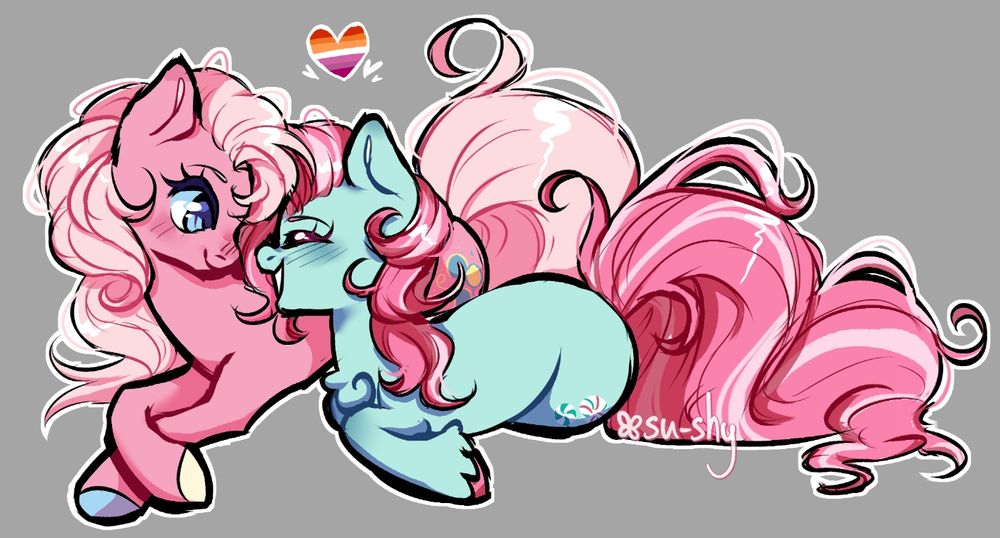 Generation 3 my little pony art. Characters are minty and pinkie pie. They are laying down, minty laying against pinkie. 