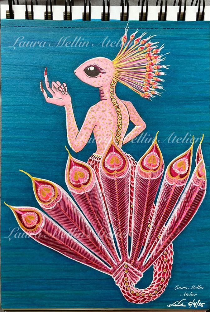 “The Prettiest Merman in the Whole Damn Ocean!” - A marker, ink, and paint pen drawing of a pink Merman with a red and gold scaled tail, with flukefins flipped up towards the viewer that look like seven peacock tail feathers in pink, white, gold, and red, the tips pointed, and the “eyes” in heart shaped bands of red, white, and gold.
The Merman has his back to the viewer, head turned left to show one huge black eye with a red beauty spot at the corner of his eye, and long dark purple eyelashes. His light pink skin is dotted with gold and pink spots.
He is looking at his long, red-lacquered, silver studded nails on his left hand. 
There is a line of bright red, silver, and gold scales down his center back, with red that matches the red scales of his tail, some catching the light, outlined in white, others in pink. He has long pink and gold tendrils tipped with red ends at the back of his head, resembling the crest of a male peacock. He has gills along the side of his neck.
The background is a deep green-blue, getting darker at the bottom of the  image.