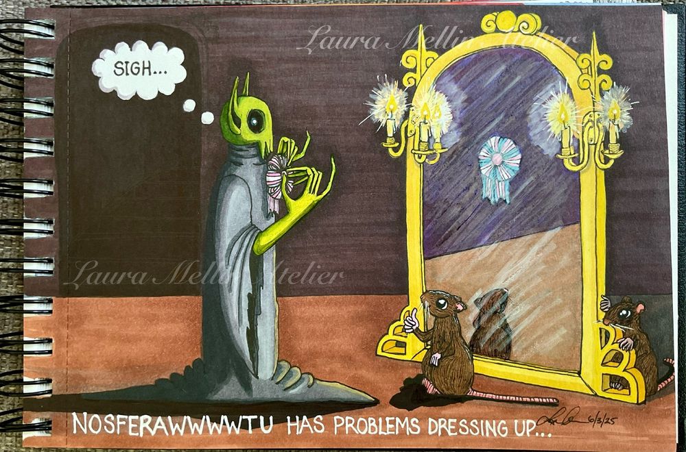 A marker, ink, and paint pen drawing of my OC Nosferawwwwtu, a gentle night creature with green skin, long spindly fingers, and a ragged black robe (or maybe it’s skin, we’re not sure; we never see them without it). 
Nosferawwwwtu is standing in their castle, looking at a fancy carved mirror lit with candles in sconces. Nosferawwwwtu is trying to adjust the large Trans support rosette on the front of their robe, but only the ribbon is visible in the mirror (though that Trans support ribbon is stylin’!). Nosferawwwwtu is sighing to themselves.
One of their rat friends is giving a thumbs up (THEIR reflection shows up! Lucky!), while another rat is peeking around the edge of the mirror.
At the bottom of the image, white letters read: “NOSFERAWWWWTU HAS PROBLEMS DRESSING UP…”.
The walls are dark red, the floor is brown wood, except in the mirror, where the wall and the floor look lighter. Only the rat is reflected in the mirror, which is framed in yellow (its gold leaf).
Nosferawwwwtu is agender, ace/aro, but likes company, as long as it is after the sun is down. They cannot meet you for lunch or daytime marches, but they are very passionate about trans rights.