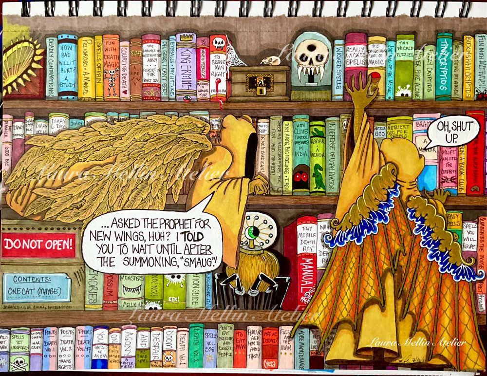 A marker, ink, & paint pen drawing of my OCs, The Watchers (TW), two supernatural robed creatures with gold hands & wings, robed so that their faces (we think they don’t have any!) are covered, showing only the mouse-like ear bumps on their heads.
Left TW is lying on the second shelf down, gold feathered wings folded on their back, leaning on their elbows, looking at right TW, who is reaching for a book on the top shelf (Really Wicked Spells), trying to use their gold, blue, & yellow dragon wings to reach it (their feet do not touch the ground.)(Actually, their feet aren’t visible…).

The left W is saying (in speech bubble): “…Asked The Prophet for new wings, huh? I TOLD you to wait until AFTER the summoning, “Smaug”!”.
The right W is replying (in speech bubble) “Oh, shut up.”. 
The bookcase is brown wood. All the books have joke titles (like How to Knit Dr. Wu’s Cardigan!). 
Top shelf, L-R: a mysterious glowing machine, 13 books, a wooden box with a gold lock that has a cobweb & a mouse skull set on top, a three-eyed, fanged, skull under a glass dome, 11 books about Cryptids.
2nd shelf, L-R: a pink day planner (for 6000 b.c.e.), 15 diaries dating from 3000b.c.e.-1970c.e., left TW lying in front of books, 7 visible books, right TW’s arm & head, 7 more books.
3rd shelf, L-R: a box with air holes & 2 labels (DO NOT OPEN!, & CONTENTS: ONE CAT (MAYBE)) marked Schrödinger Animal Distribution, 7 books, a gold machine with black legs that has a glass top containing a large eye & smaller eyes on stalks, 2 books (Tiny Mobile Death Ray!), right TW’s body, 3 books.
Bottom shelf, L-R: 22 books, the rest covered by right TW.
Don’t worry, TWs are inseparable! And The Prophet will probably give them new wings soon(ish).
TWs are in the library of The Mouse Prophet (also my OC). The book titles reference my other OCs, monsters, magic, & parodies of real books.
Wings reference for left TW: TigerStrawberry/iStock, right TW: The Sforza Hours (1400s).
My fave bit is right TW’s wings.