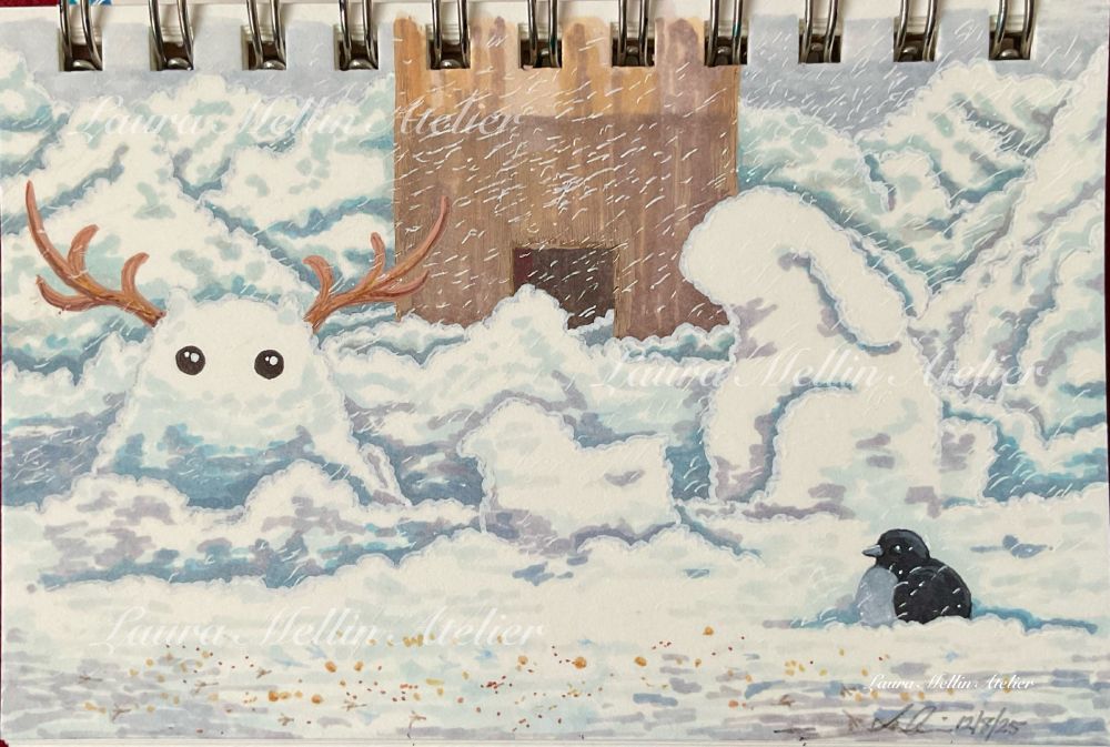 A marker, ink, and paint pen drawing of the 1800s stone chimney by our back deck, surrounded by snow covered trees, with, from left to right in front of the chimney, a snow covered jackalope (with have brown antlers and round black eyes), a snow covered duck, and a large snow covered bunny. In front on the right is a black and grey junco. There is bird seed and bird tracks on the snow covered deck in the front, and it is still snowing. 