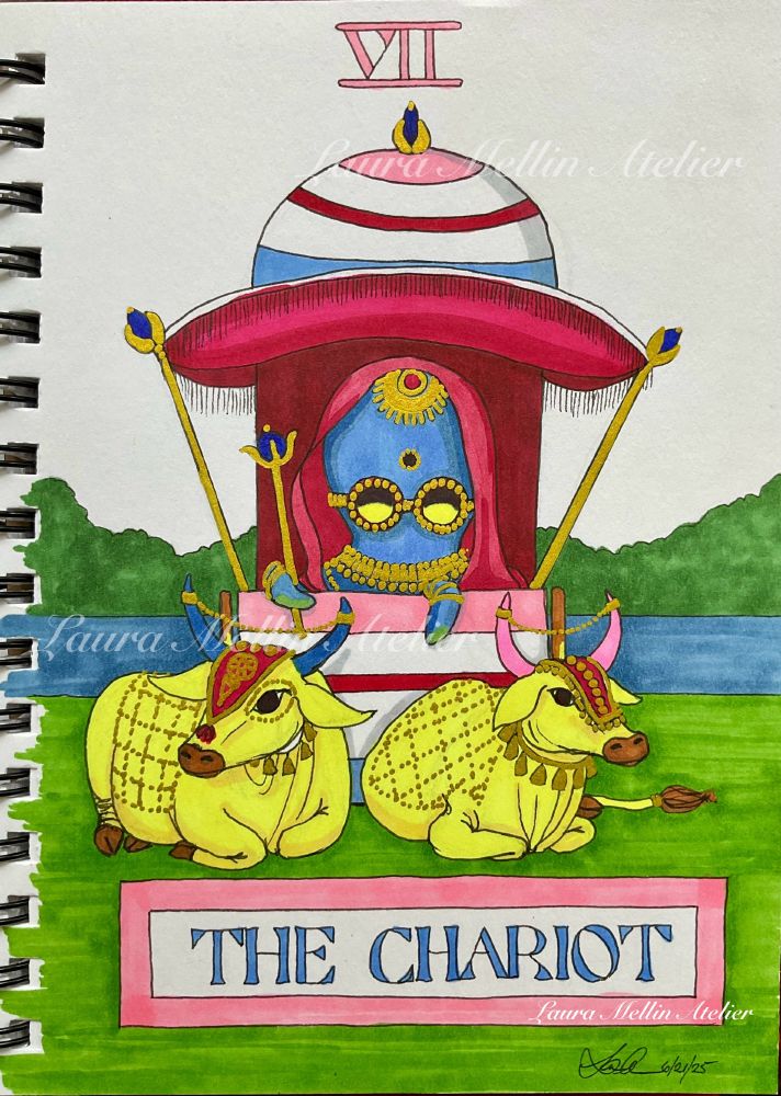 A marker, ink and paint pen drawing (unfinished) of the tarot card The Chariot, represented as a blue octopus in a sari, standing in an Indian-style chariot, led by two glowing fluorescent yellow Brahma cows.
The number of the card (7) is drawn in pink Roman numerals at the top of the image, the title, The Chariot, is in blue hand-drawn letters on white at the bottom, surrounded by a border of pink.
The octopus and their chariot represent Kinnar, the Indian third gender. Kinnar is not trans, or intersex, but a four thousand year old Indian third gender, finally recognized as an official gender (again, after British Colonial law outlawed them in 1860) by the India Supreme Court in April 2014. Their flag is horizontal light pink, white, narrow red, white, and pale blue.
The Chariot represents forward movement, success, and willpower. Though the cows are seated, and looking in different directions, the driver of the chariot will move forward, through their determination. 