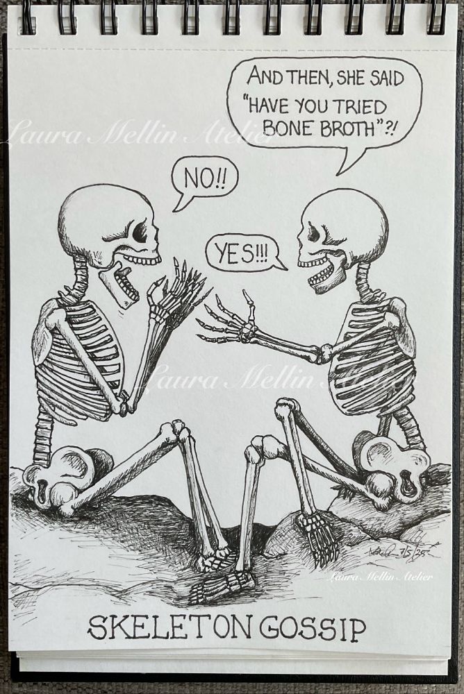An ink drawing of two human skeletons facing each other, sitting on rocks (in a cave, or something). The right skeleton has their legs crossed, and their left hand gesturing in front of them. The left skeleton has both arms raised up to their mouth, which is so wide open, the lower jaw is falling off (in “my jaw hit the floor” fashion).
In speech bubbles stacked from the top of the page to between them, the right skeleton says “And then, she said “have you tried BONE broth”?!” then the left skeleton says “NO!!”, and the right skeleton replies “YES!!!”.
At the bottom of the drawing, hand lettering says “SKELETON GOSSIP”.
Skeleton references:  Public domain 18th and 19th century prints.